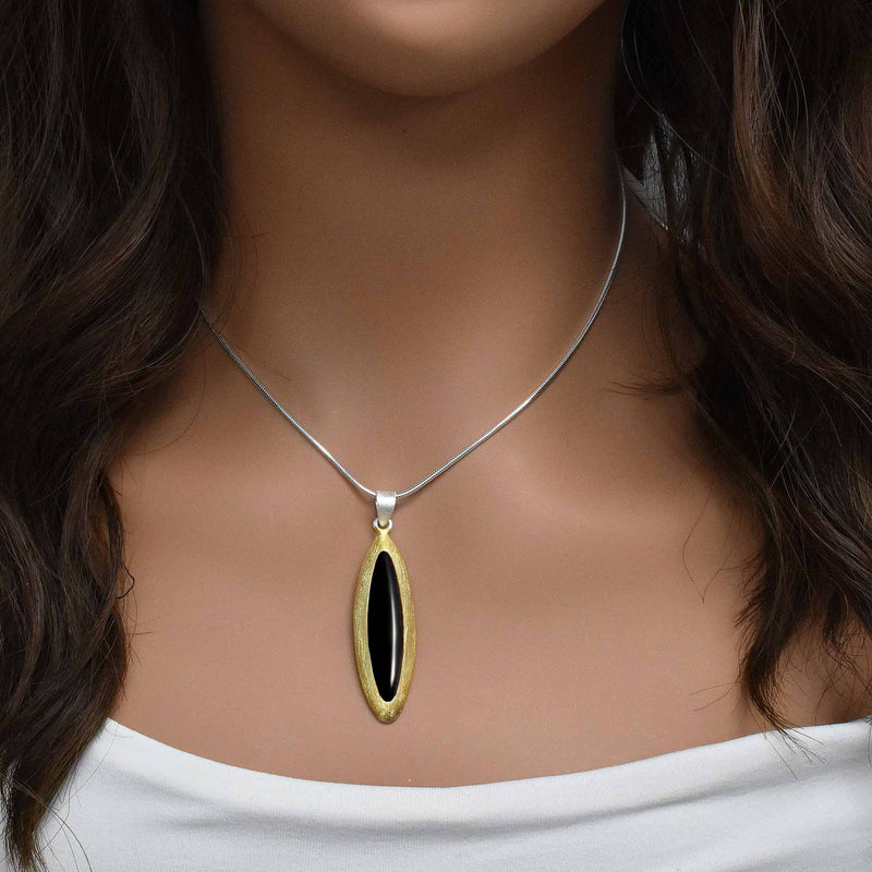 Clearance-Gold Plated 925 Sterling Silver Matte Finish Cat Eye Shape Onyx Stone Pendant - SPP00008BLK