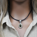 Clearance-Two-Tone 925 Sterling Silver Matte Finish  Oval Disc Onyx Stone Pendant - SPP00009