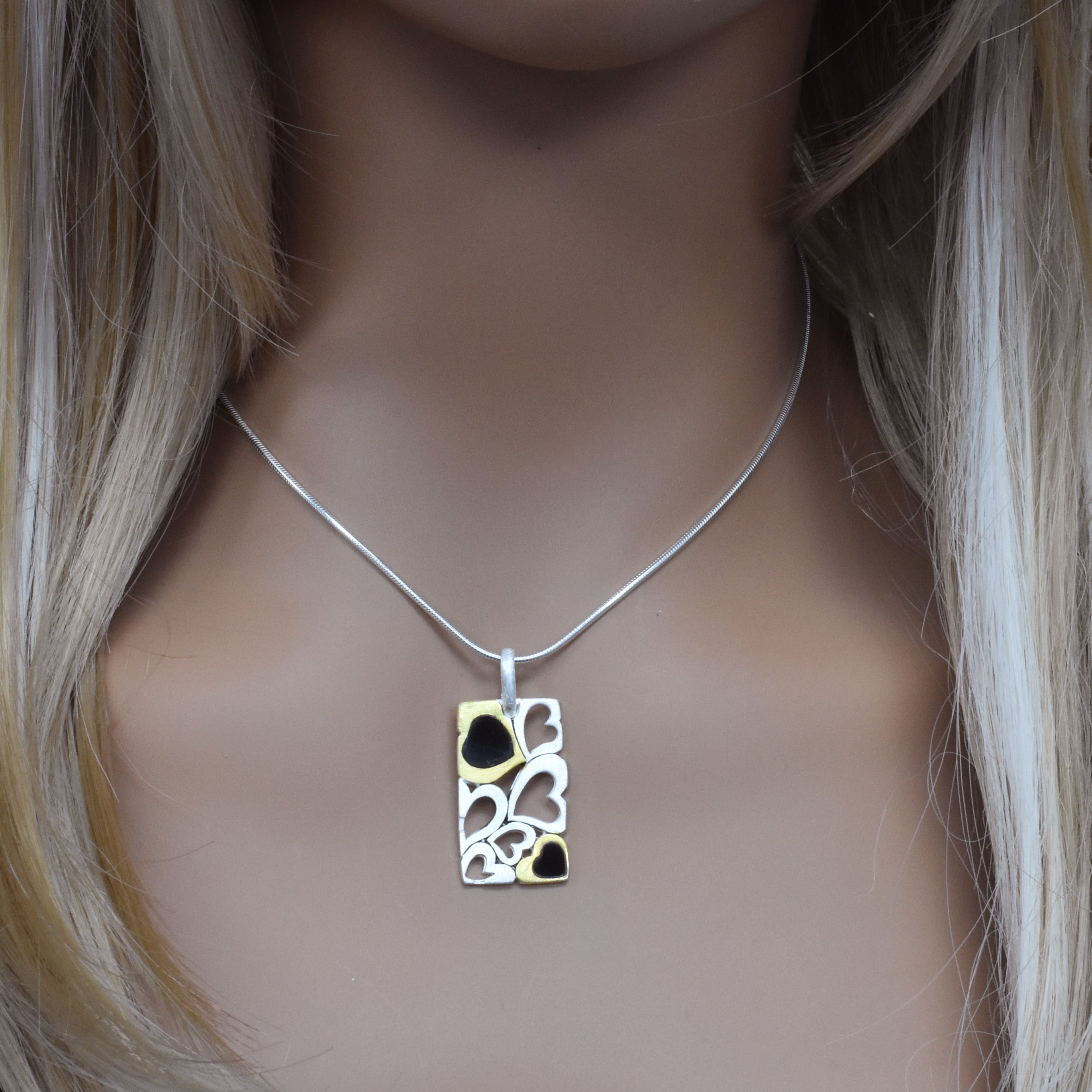 Clearance-Two-Tone 925 Sterling Silver Matte Finish Multi Open Hearts Pendant - SPP00014