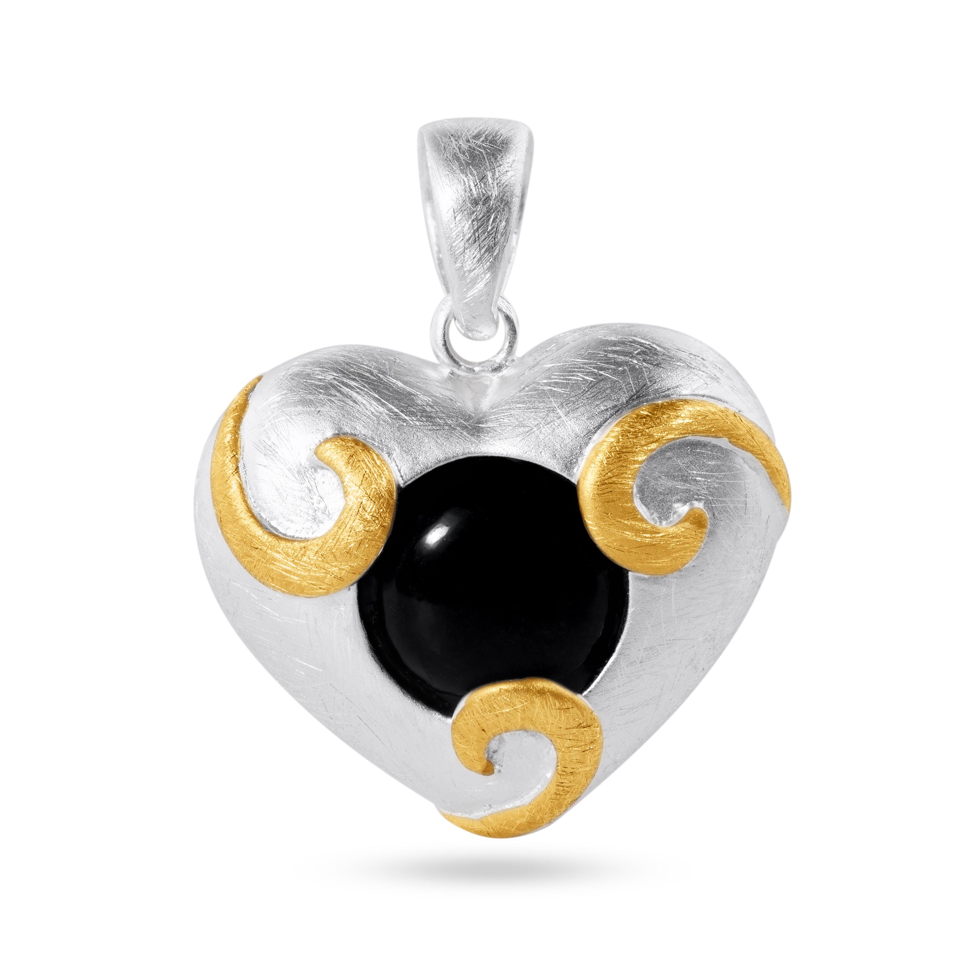 Clearance-Sterling Silver Matte Finish 2 Toned Onyx Center Heart Pendant - SPP00023