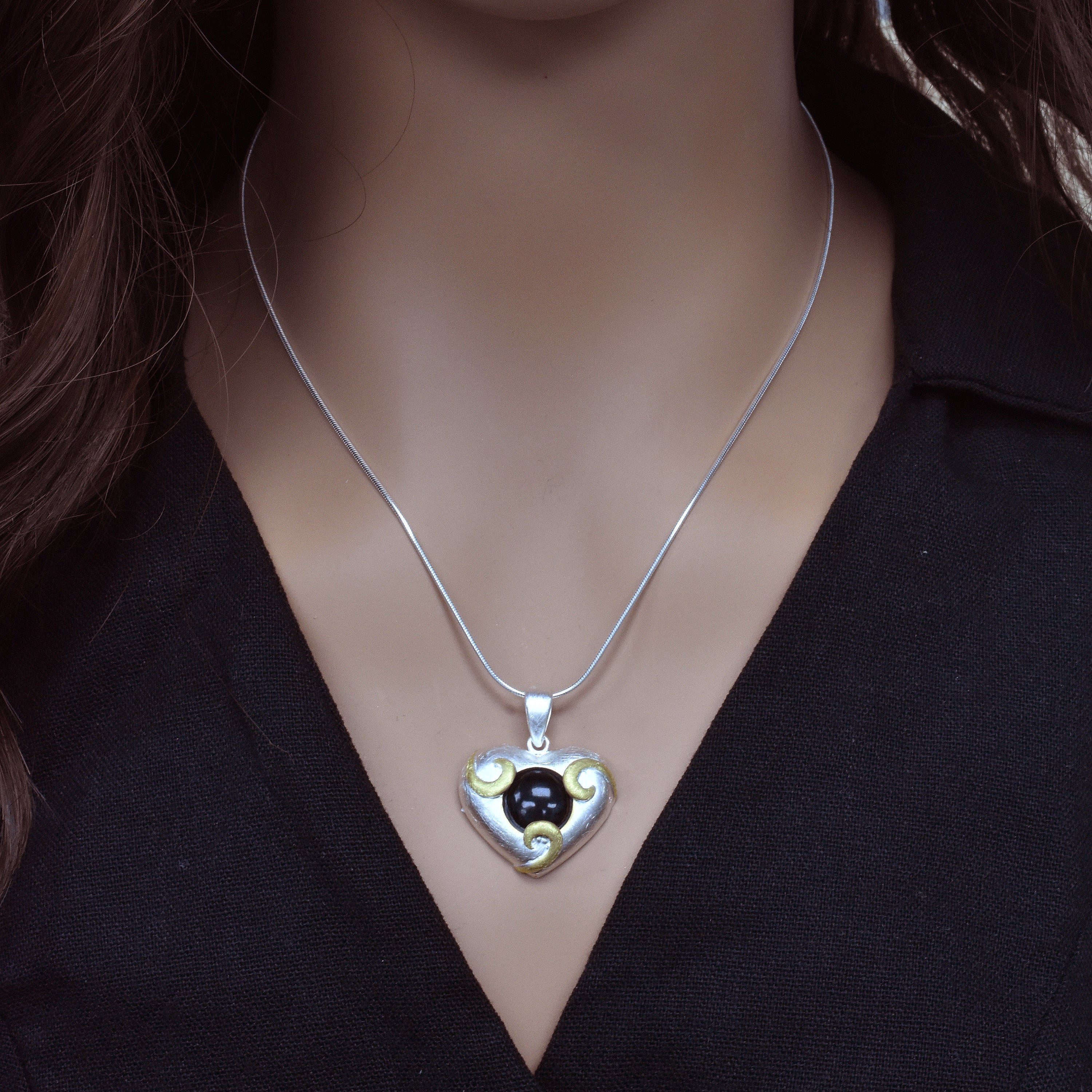 Clearance-Sterling Silver Matte Finish 2 Toned Onyx Center Heart Pendant - SPP00023