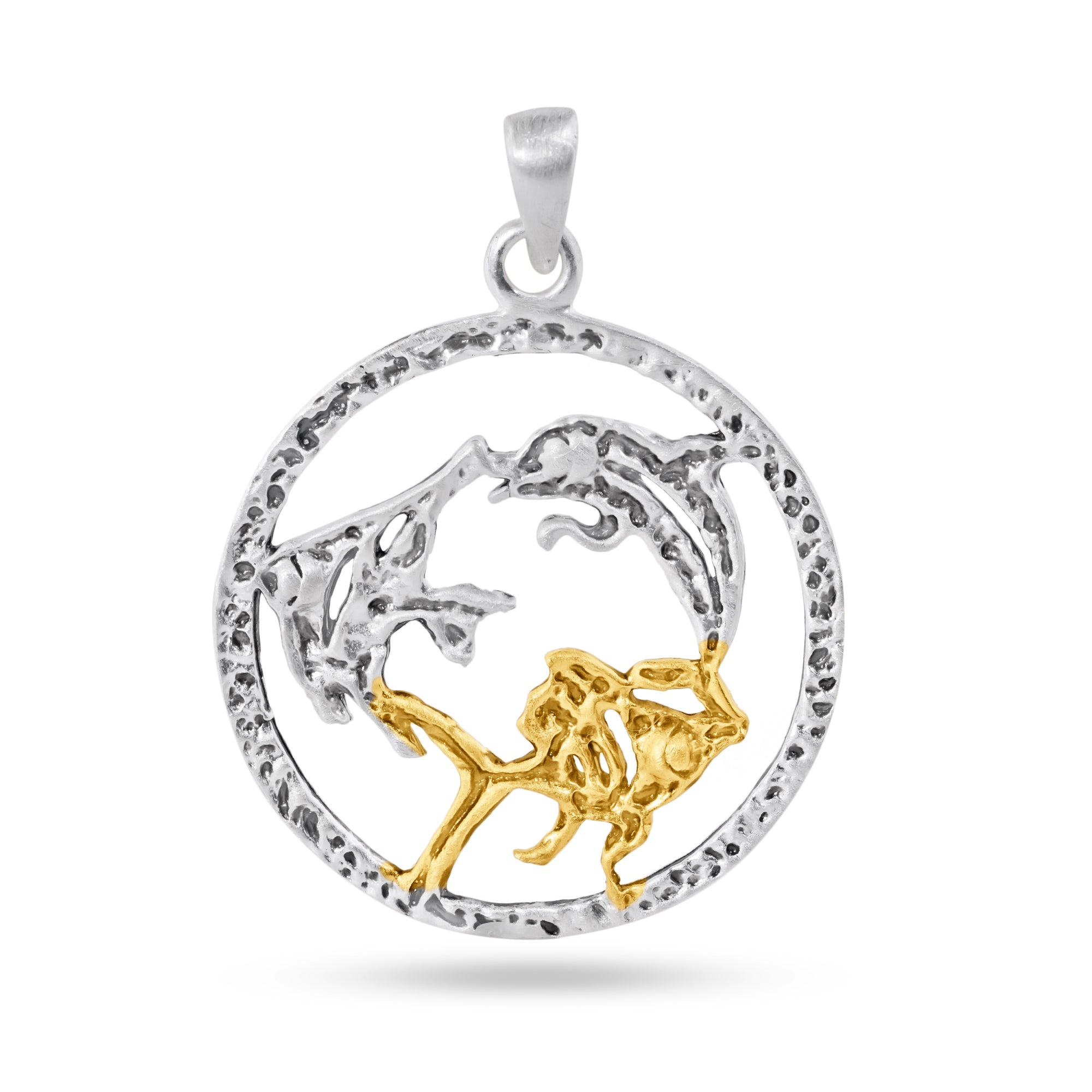 Clearance-Sterling Silver Matte Finish 2 Toned Open Disc Fish Design Pendant - SPP00024