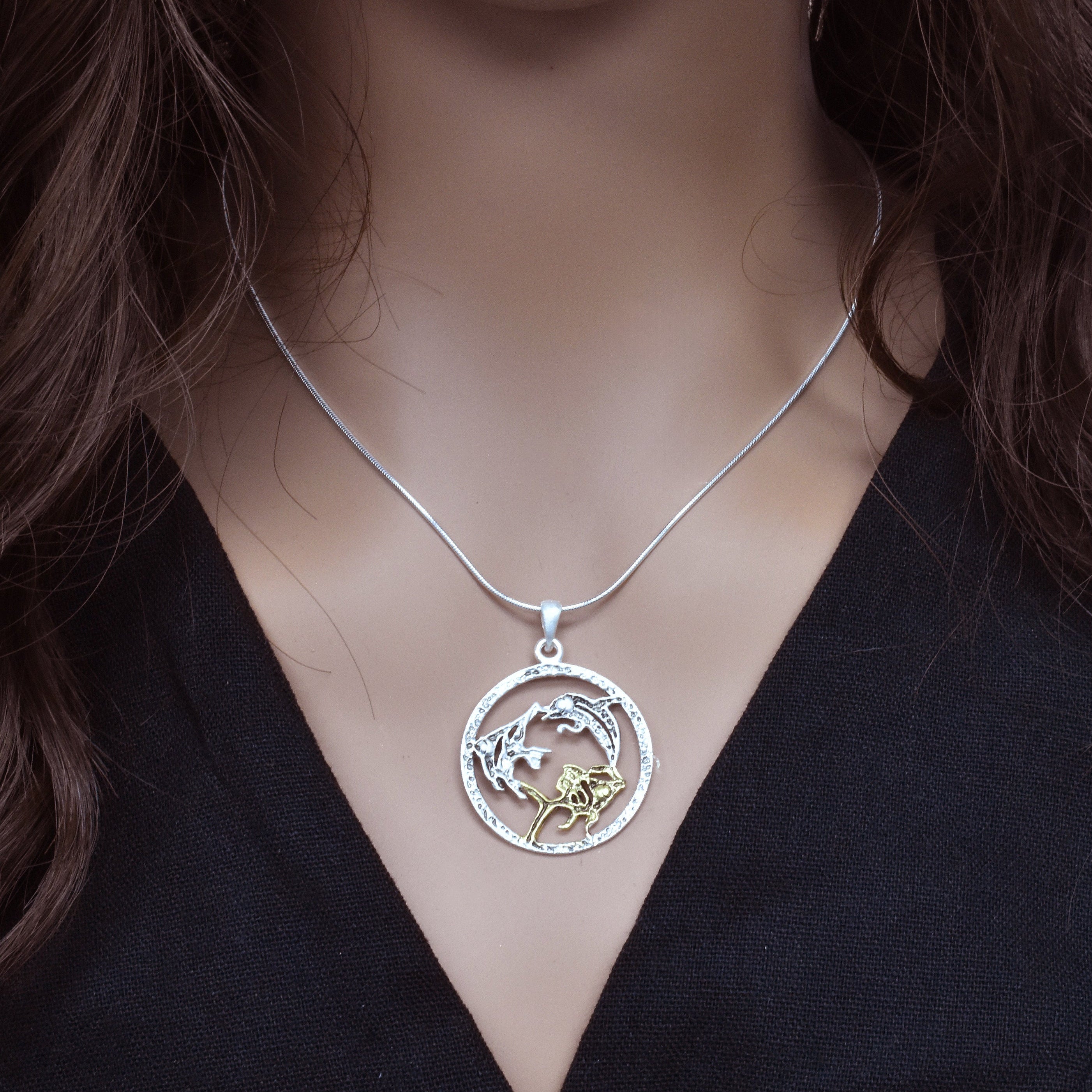 Clearance-Sterling Silver Matte Finish 2 Toned Open Disc Fish Design Pendant - SPP00024