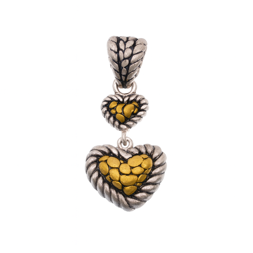 Clearance-Sterling Silver Matte Finish 2 Toned Dangling 2 Hearts Pendant - SPP00025