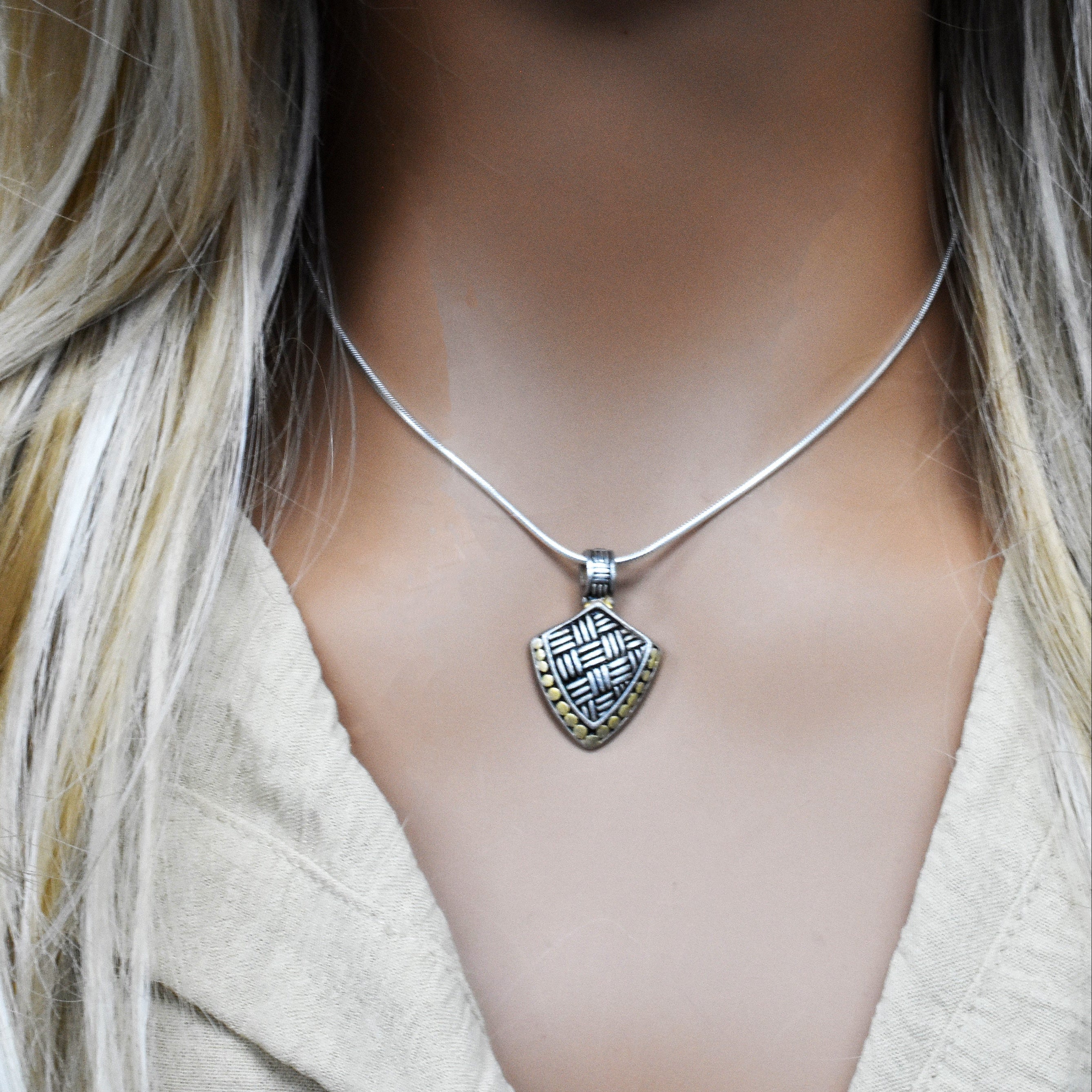 Clearance-Two-Tone 925 Sterling Silver Shield Pendant - SPP00028