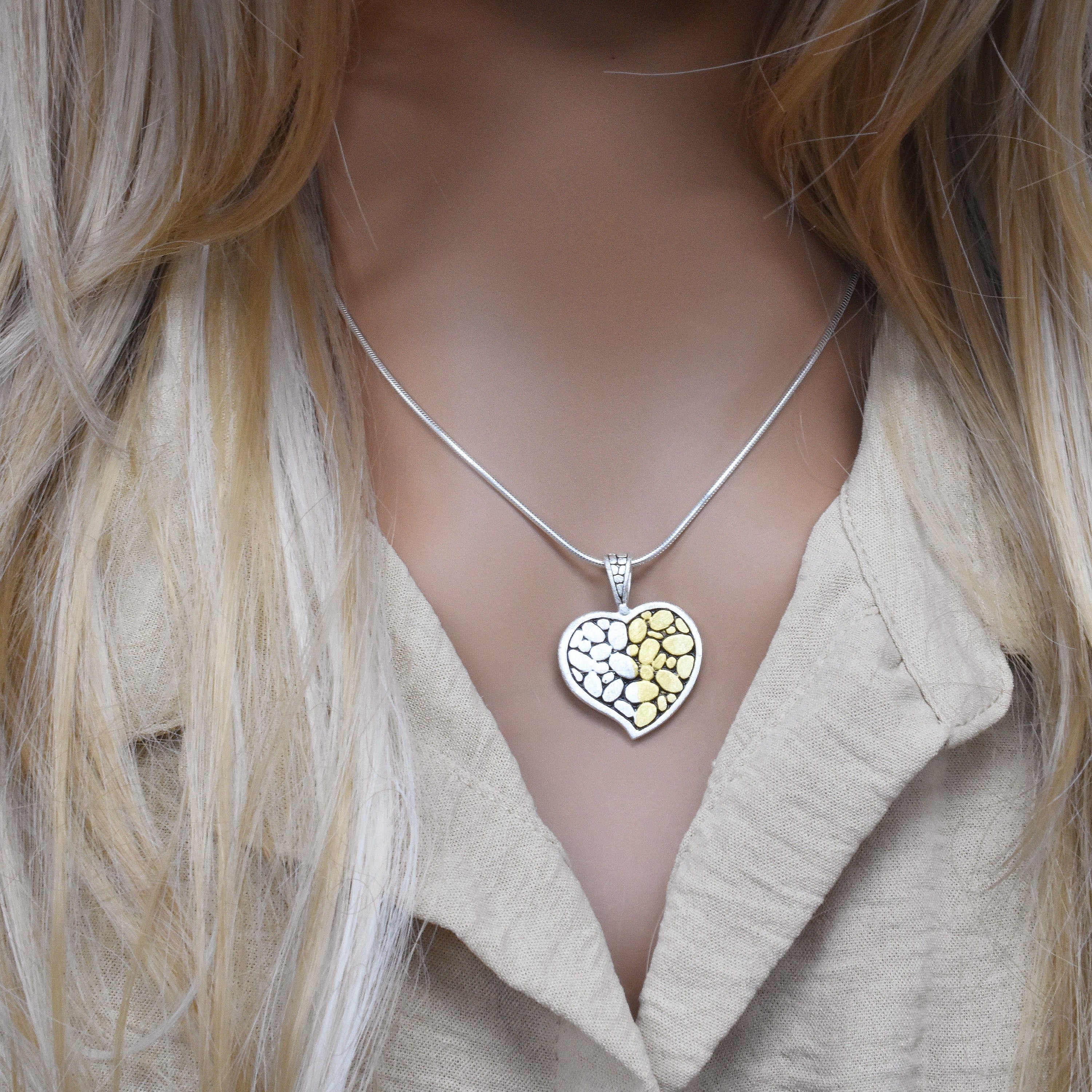 Clearance-Sterling Silver Matte Finish 2 Tone Rock Design Heart Pendant -SPP00031