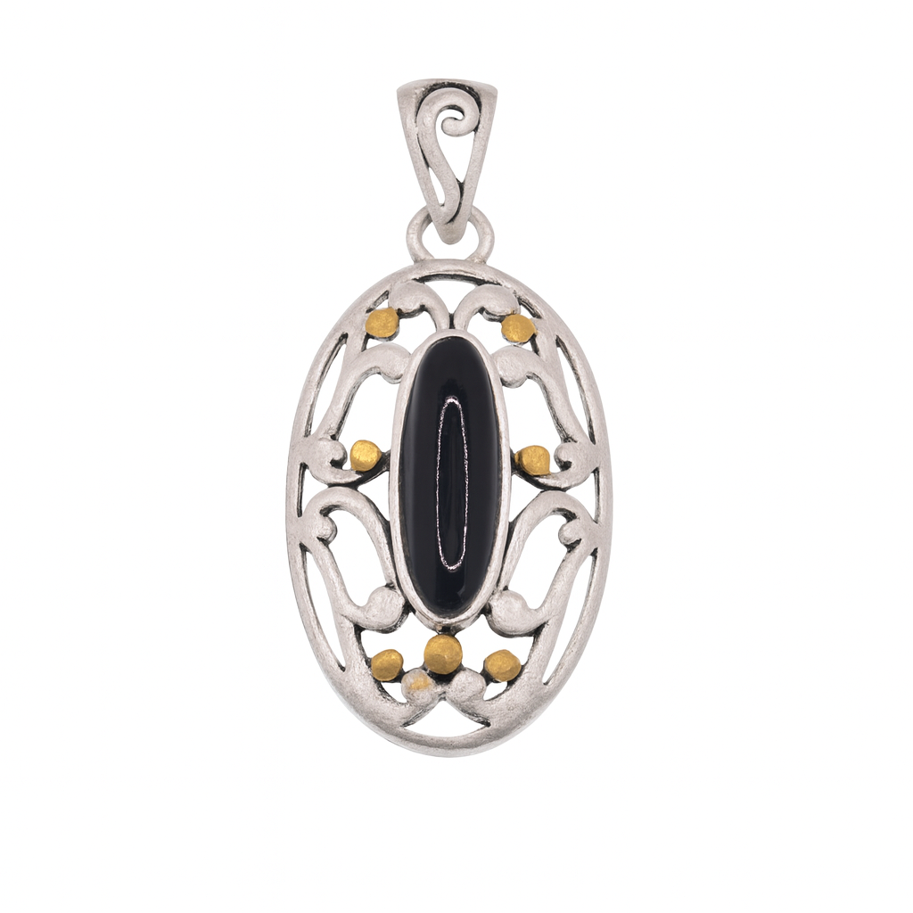 Clearance-Sterling Silver Two Tone And Onyx Oval Pendant - SPP00053
