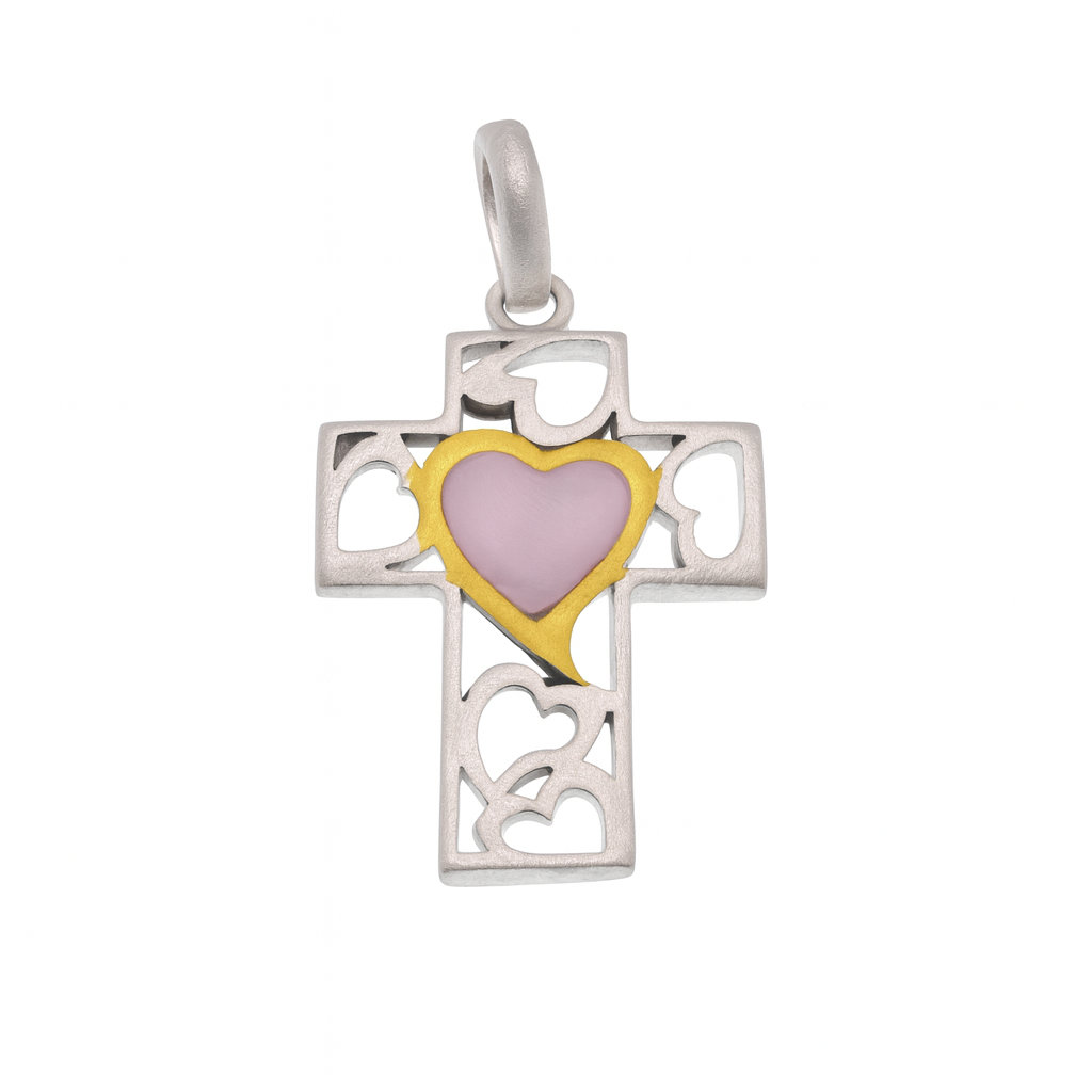 Clearance-Sterling Silver Two Tone Cut Out Heart Pink Mother Of Pearl Cross Pendant - SPP00058
