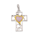 Clearance-Sterling Silver Two Tone Cut Out Heart Pink Mother Of Pearl Cross Pendant - SPP00058