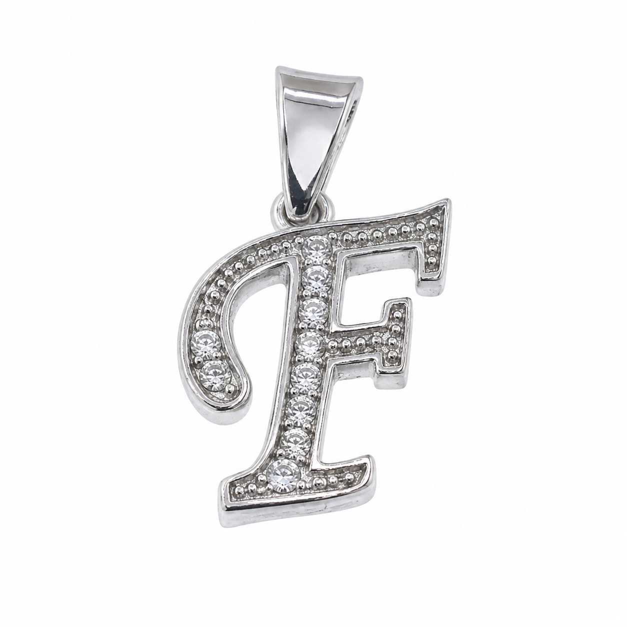 Rhodium Plated 925 Sterling Silver Cursive CZ  Initial Charm Pendant-SPP00101
