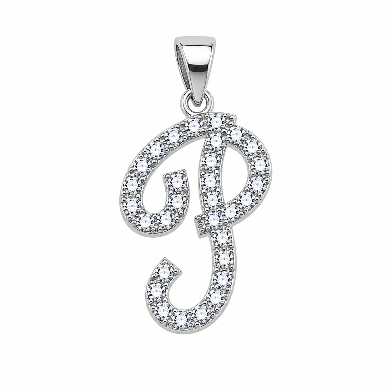Rhodium Plated 925 Sterling Silver Cursive CZ Initial Charm Pendant -SPP00104