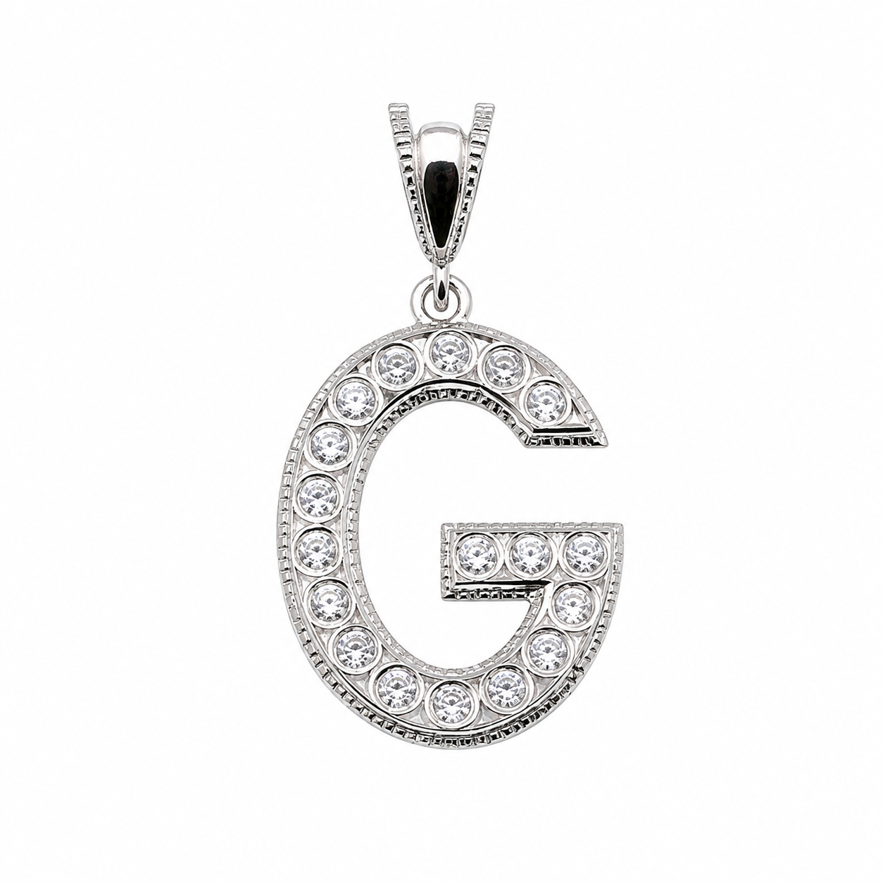 Rhodium Plated 925 Sterling Silver Cursive CZ Initial Charm Pendant-SPP00106