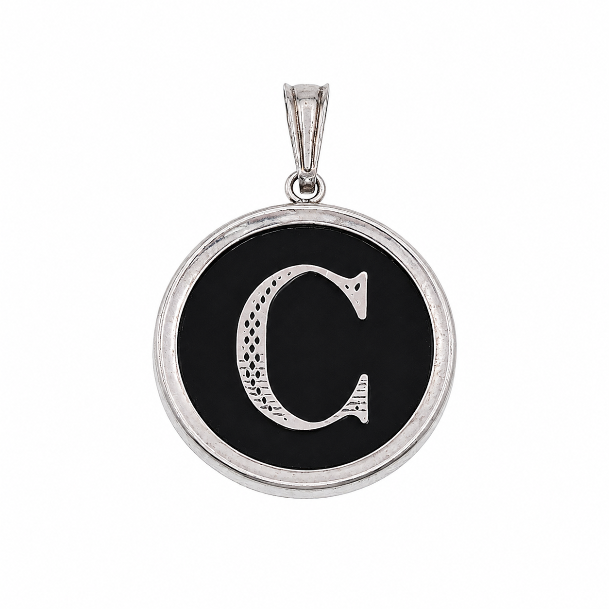 925 Sterling Silver Large Black Onyx Round Initial Charm Pendant -SPP00108