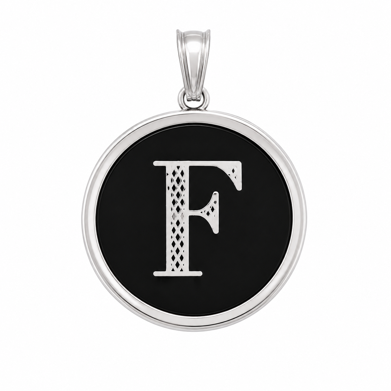 925 Sterling Silver Large Black Onyx Round Initial Charm Pendant -SPP00108