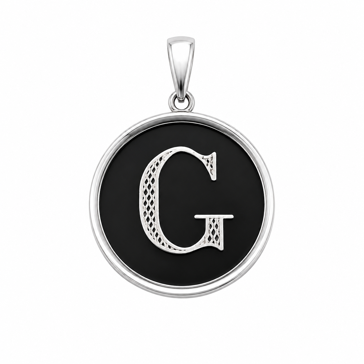 925 Sterling Silver Large Black Onyx Round Initial Charm Pendant -SPP00108