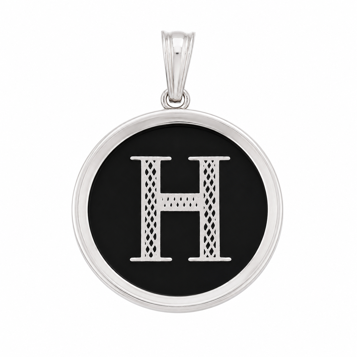 925 Sterling Silver Large Black Onyx Round Initial Charm Pendant -SPP00108