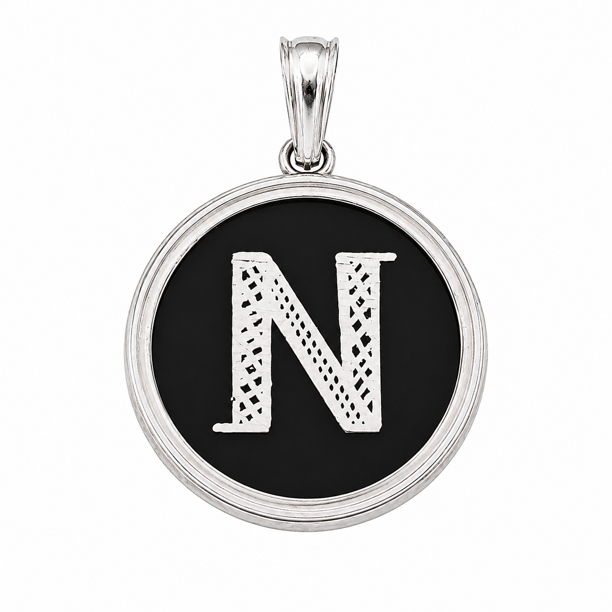 925 Sterling Silver Large Black Onyx Round Initial Charm Pendant -SPP00108