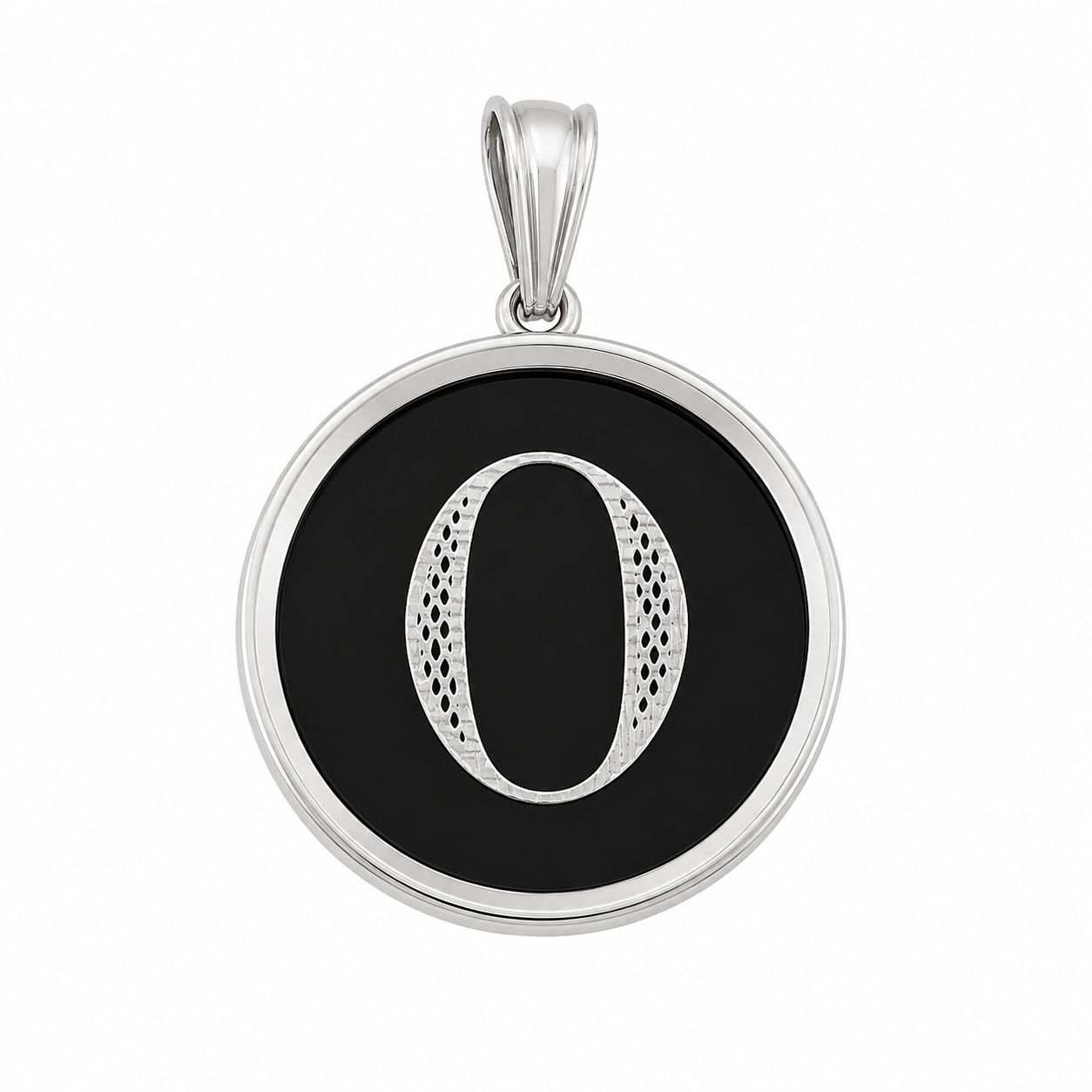 925 Sterling Silver Large Black Onyx Round Initial Charm Pendant -SPP00108