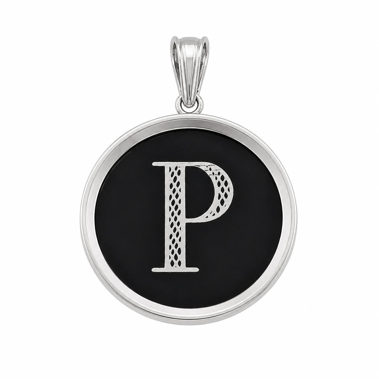 925 Sterling Silver Large Black Onyx Round Initial Charm Pendant -SPP00108