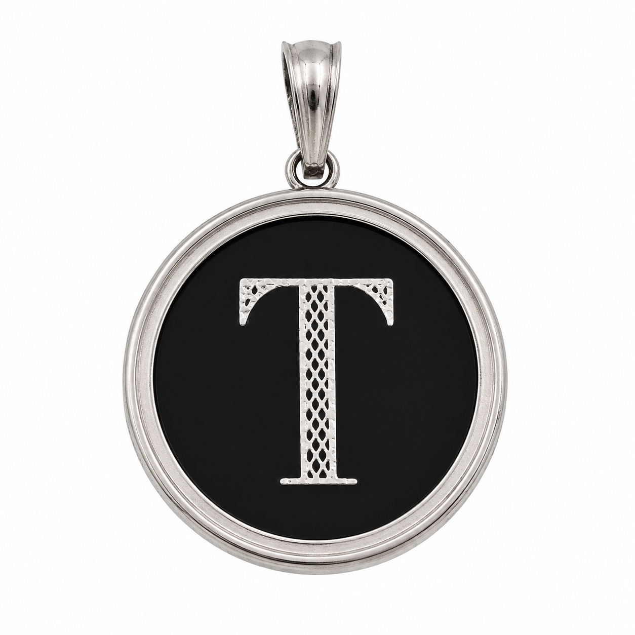 925 Sterling Silver Large Black Onyx Round Initial Charm Pendant -SPP00108