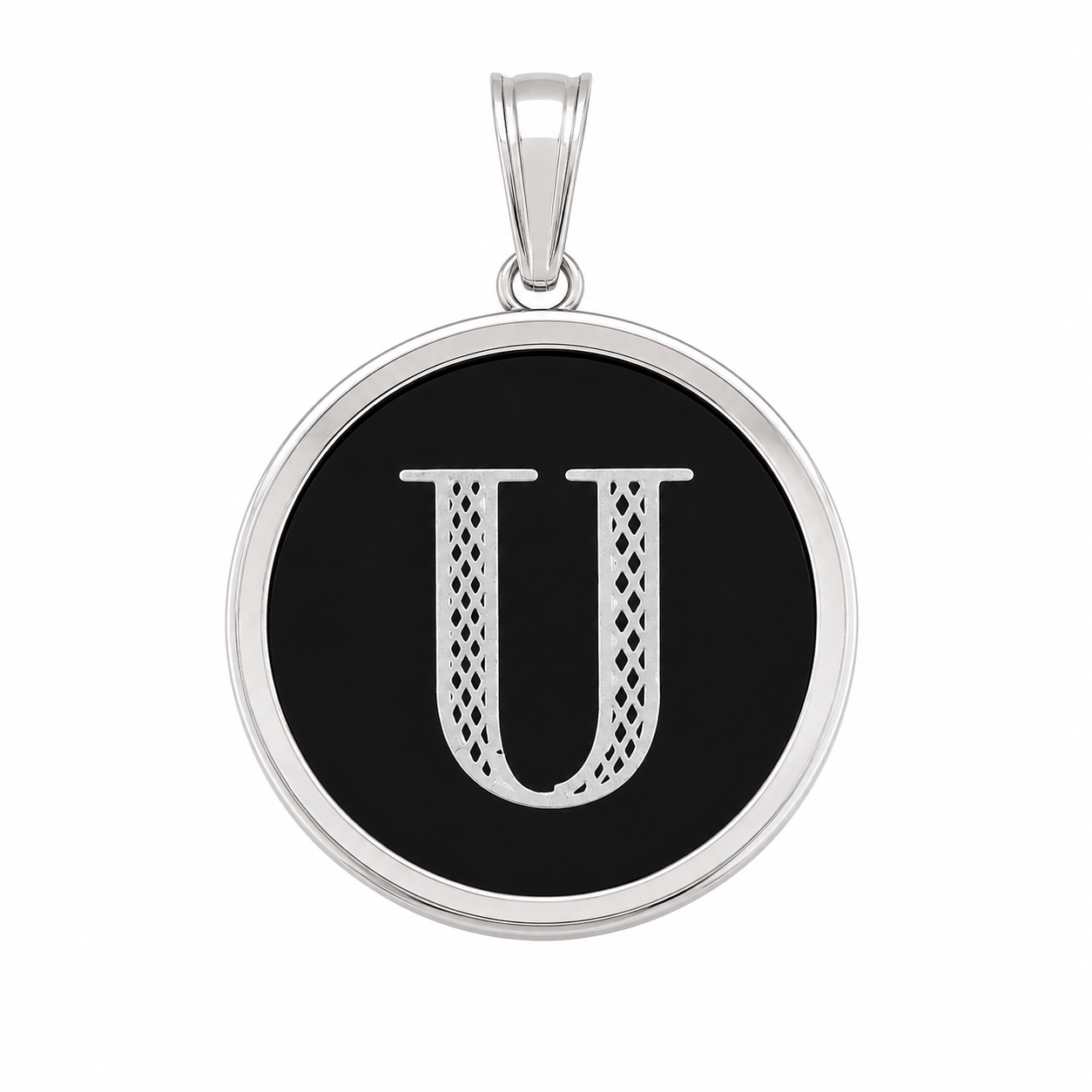 925 Sterling Silver Large Black Onyx Round Initial Charm Pendant -SPP00108