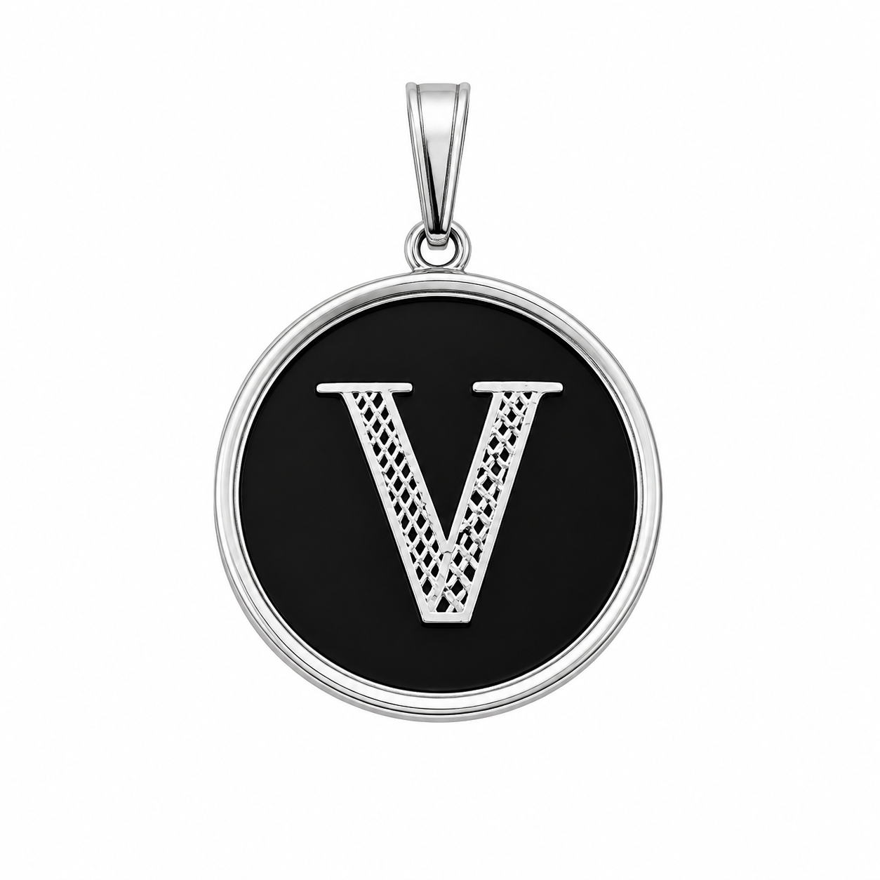 925 Sterling Silver Large Black Onyx Round Initial Charm Pendant -SPP00108