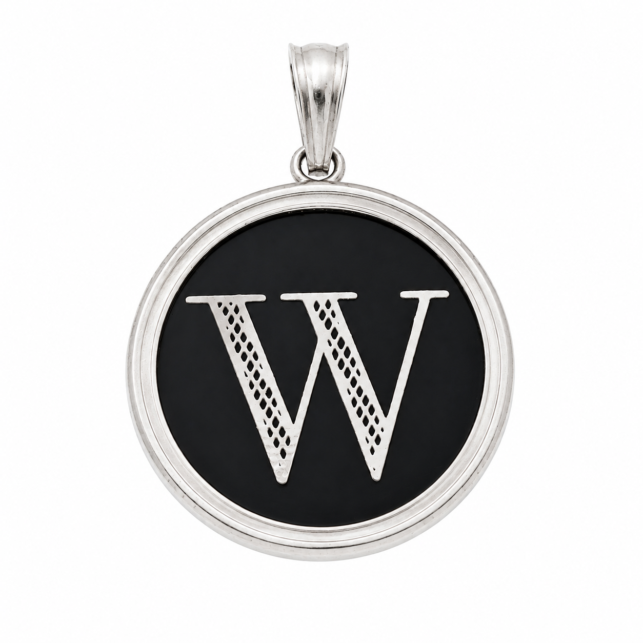 925 Sterling Silver Large Black Onyx Round Initial Charm Pendant -SPP00108