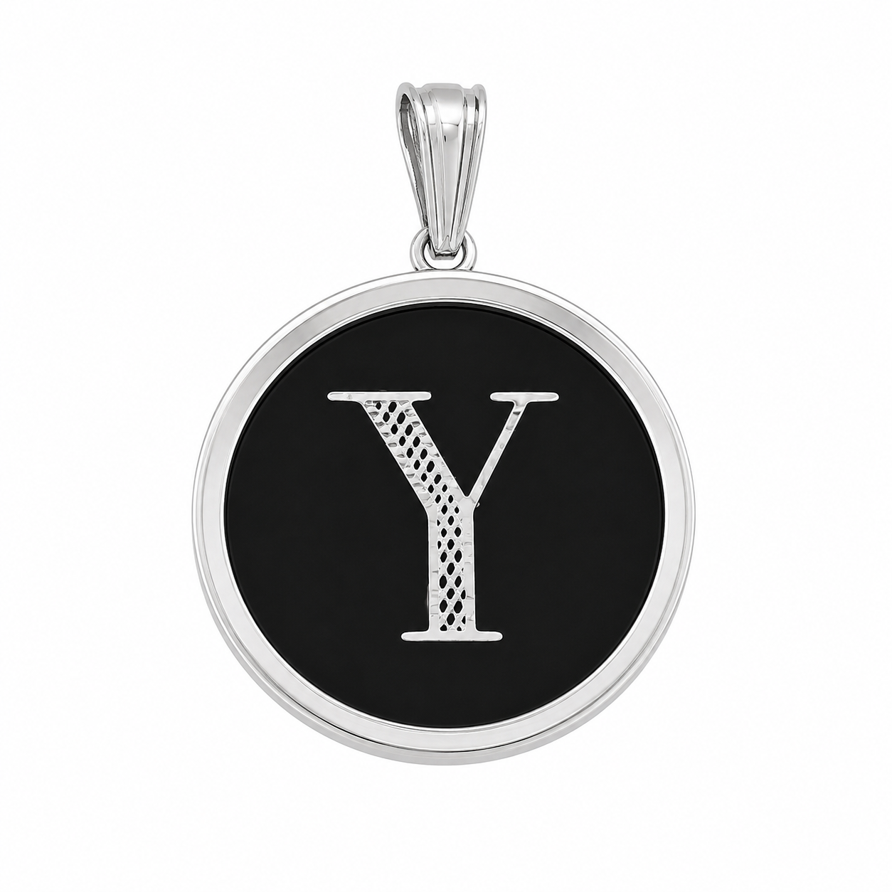 925 Sterling Silver Large Black Onyx Round Initial Charm Pendant -SPP00108