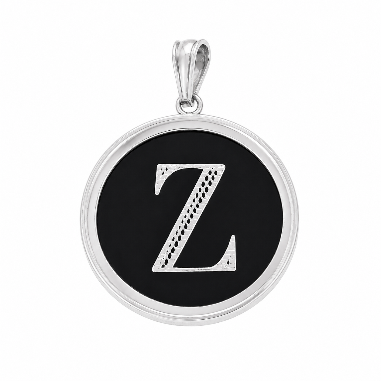 925 Sterling Silver Large Black Onyx Round Initial Charm Pendant -SPP00108