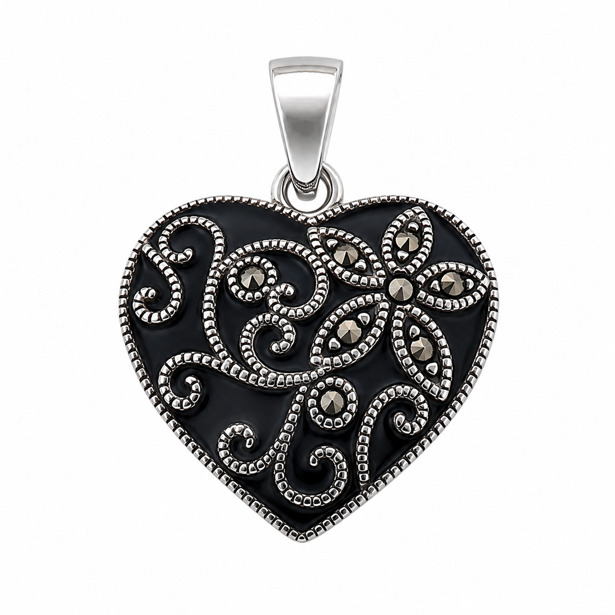 925 Sterling Silver Colored Enamel Marcasite & CZ Floral Heart Pendant-SPP00110