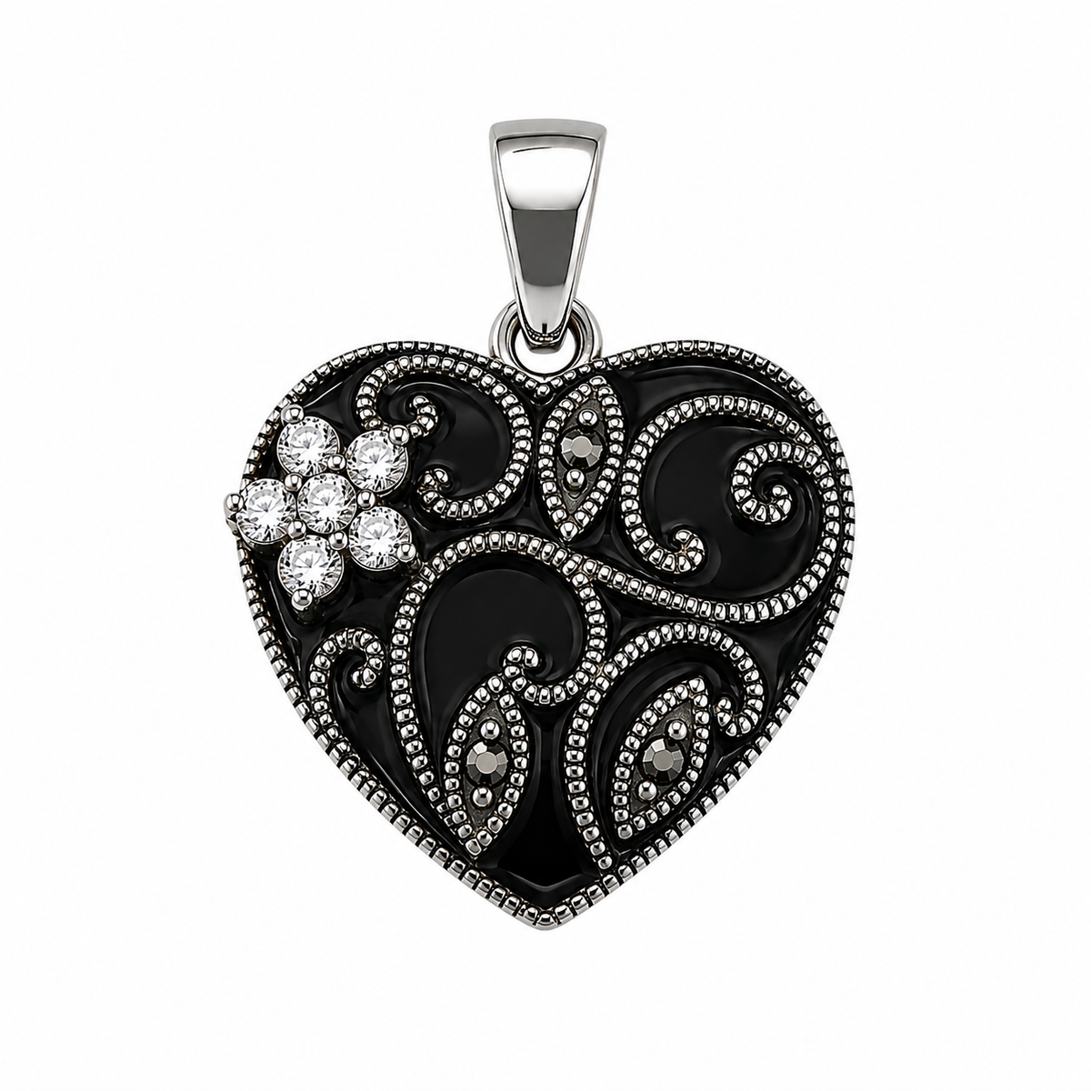 925 Sterling Silver Colored Enamel, Marcasite & CZ Floral Heart Pendant-SPP00111