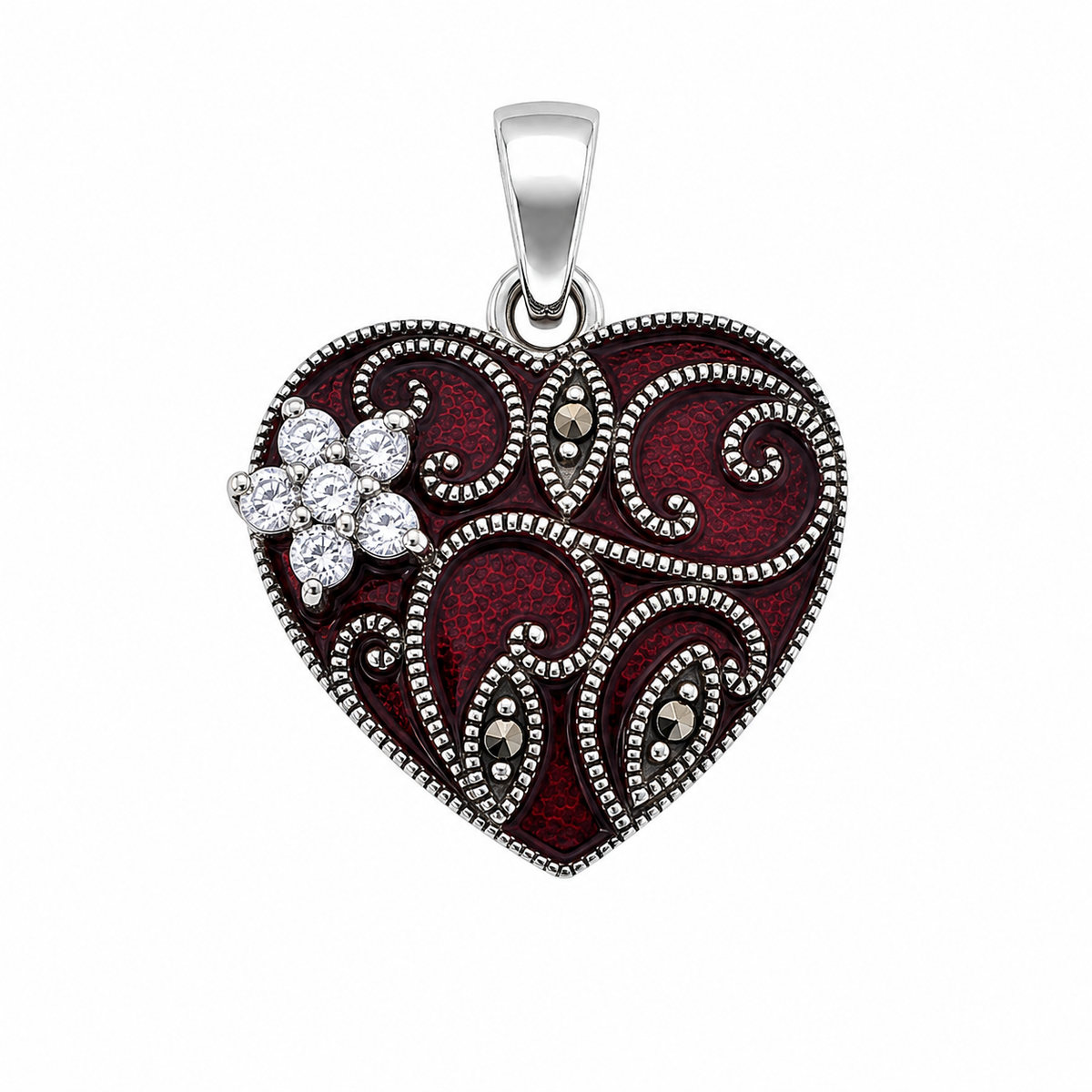 925 Sterling Silver Colored Enamel, Marcasite & CZ Floral Heart Pendant-SPP00111