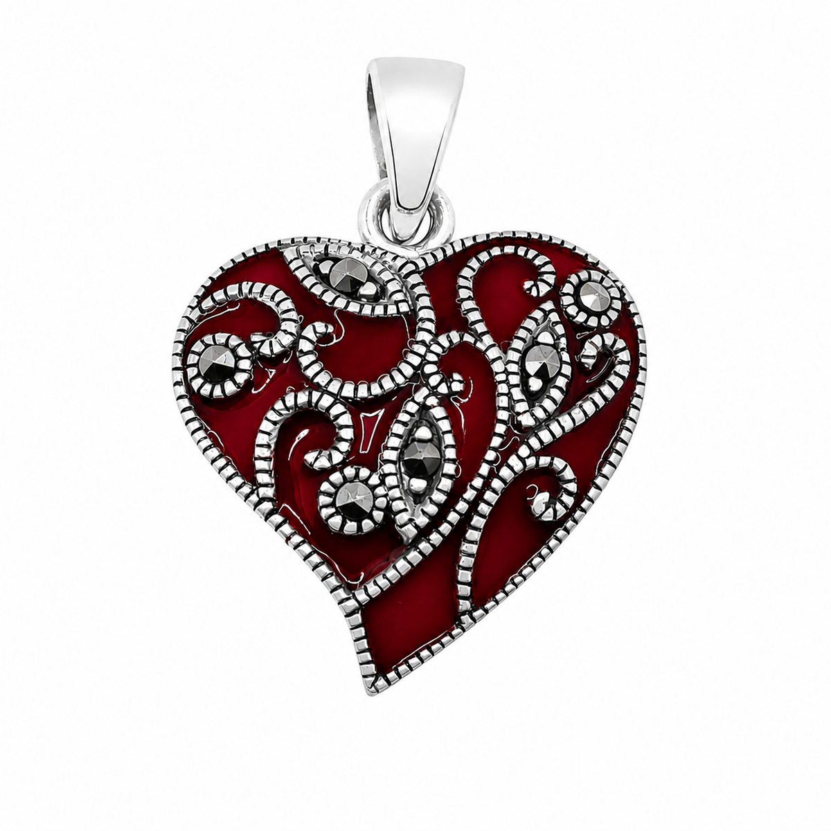 925 Sterling Silver Colored Enamel & Marcasite Floral Heart Pendant-SPP00112