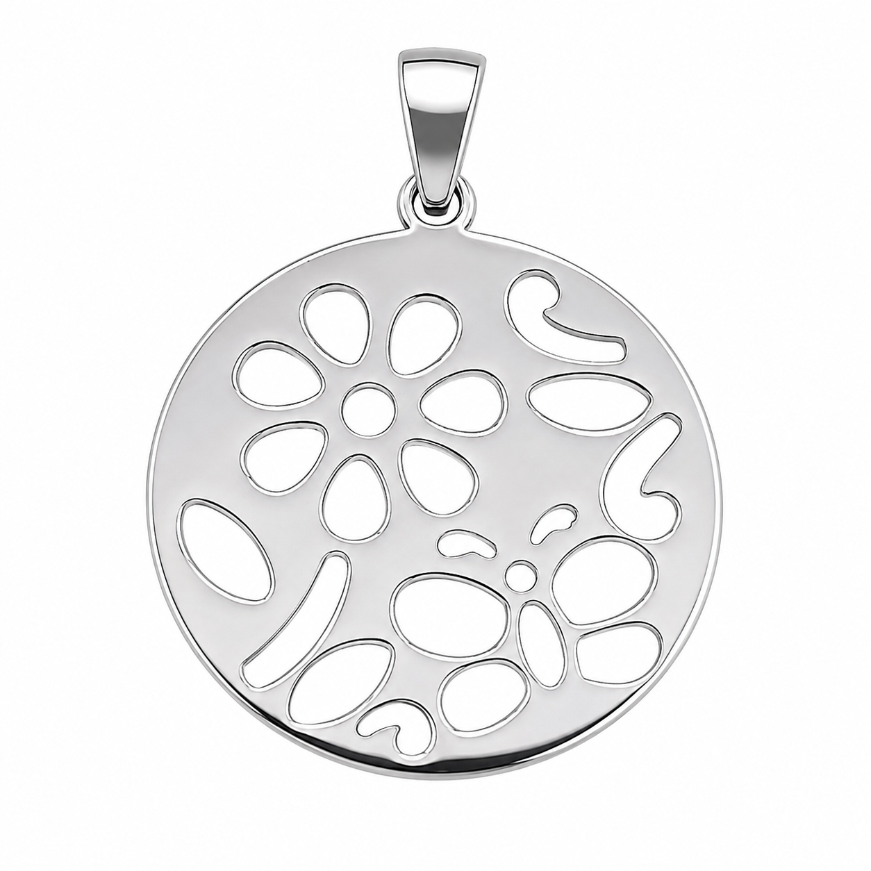 Rhodium Plated 925 Silver Cut Out Flower Disc Pendant- SPP00115