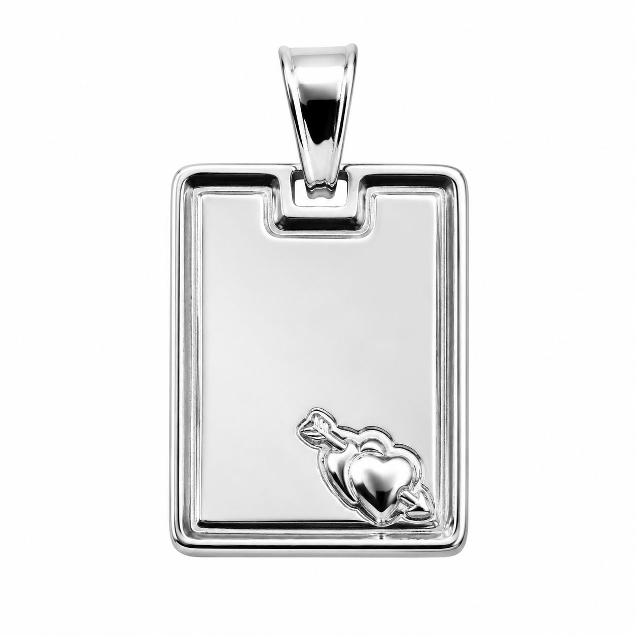 Rhodium Plated 925 Sterling Silver Rectangular Engravable Heart & Arrow Pendant- SPP00118