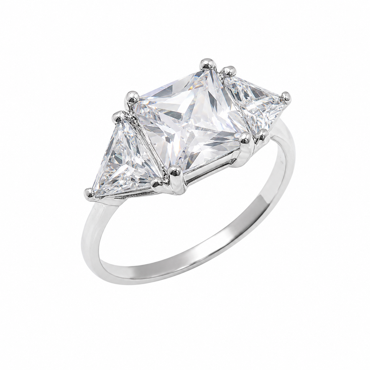 Final Price-Rhodium Plated 925 Sterling Silver Three Stone Princess Cut CZ Bridal Engagement Ring - SPR00023
