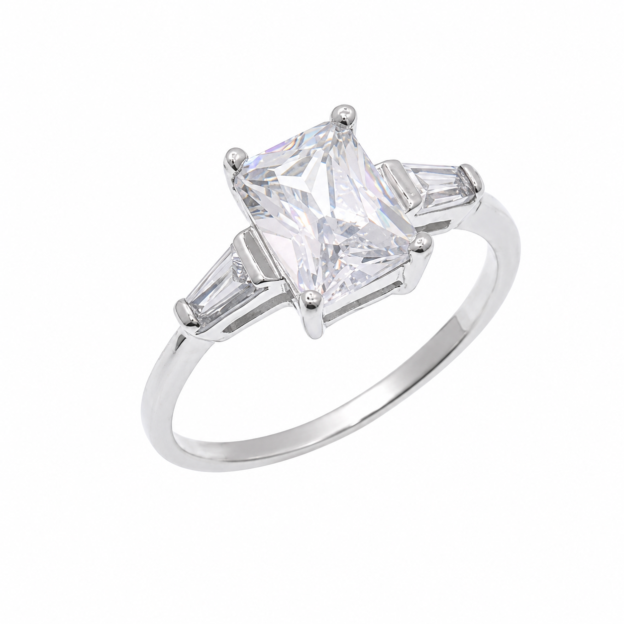 Final Price-Rhodium Plated 925 Sterling Silver Emerald & Baguette CZ Stones Bridal Engagement Ring - SPR00024