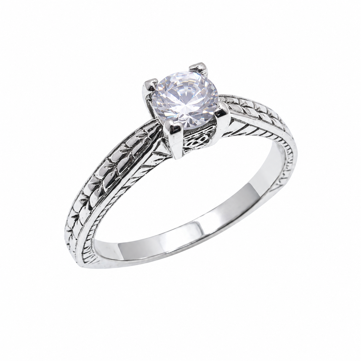 Final Price-Rhodium Plated 925 Sterling Silver Vintage Solitair CZ Bridal Engagement Ring - SPR00025