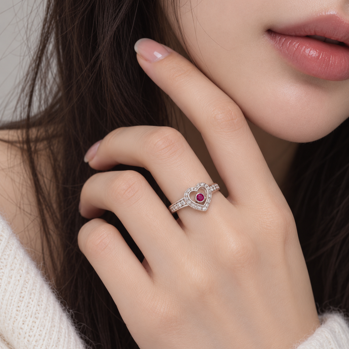 Final Price- Rhodium Plated 925 Sterling Silver Floating Red CZ Heart Ring- SPR00030
