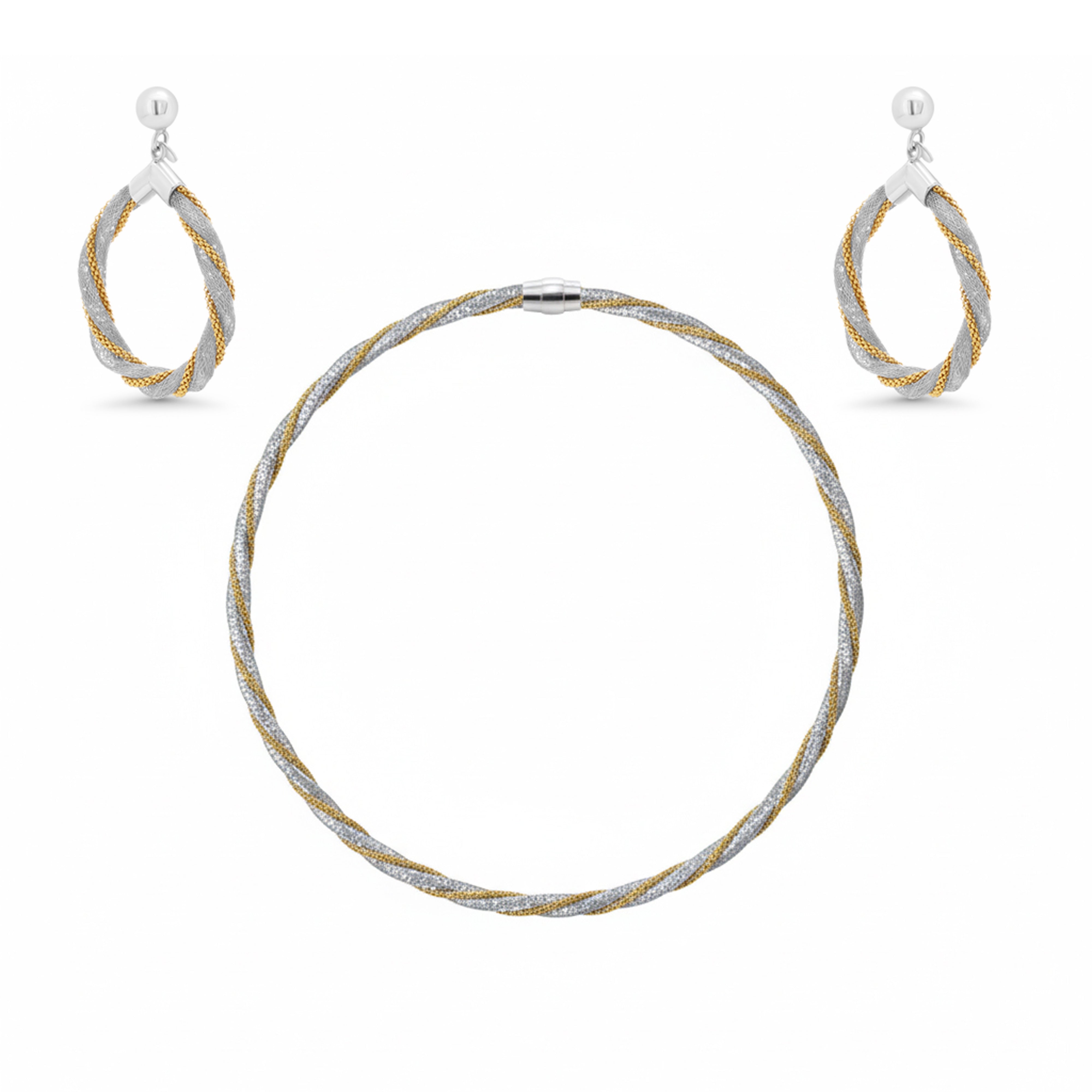 Multi Plated 925 Sterling Silver Mesh & Popcorn Twisted Earring and Necklace Set - SPS00101