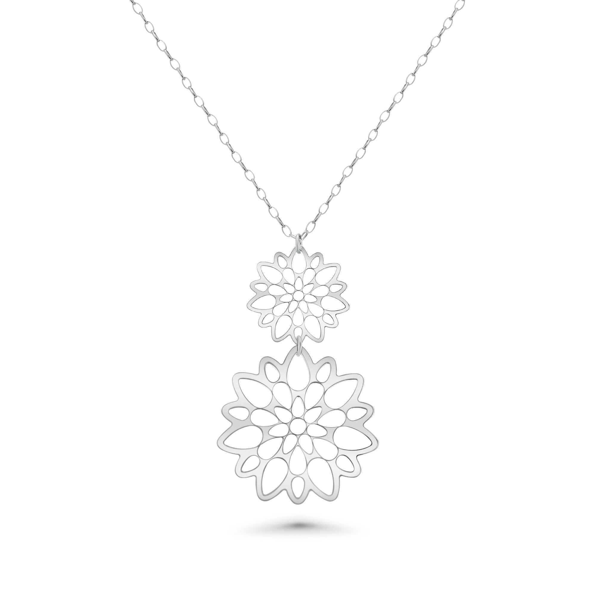 Rhodium Plated 925 Sterling Silver Double Cut Out Flower Earring and Necklace Set - SPS00100