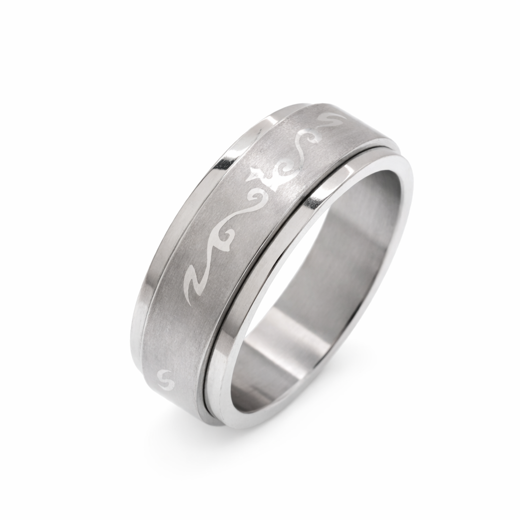 Rhodium Plated Stainless Steel Tribal Design Men's Spinner Ring- SRB0015