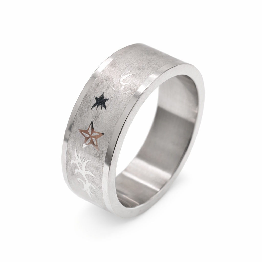 Rhodium Plated Stainless Steel Tribal Star Men's Ring- SRB0022