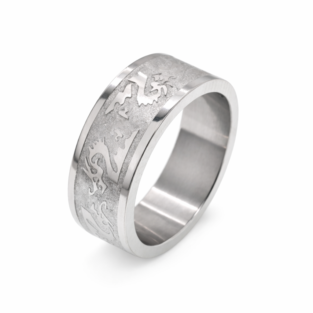 Rhodium Plated Stainless Steel Dragon Men's Ring- SRB0023 | Silver