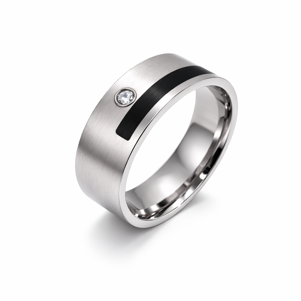 Rhodium Plated Stainless Steel Blacked Lined with CZ Men's Ring- SRB0026
