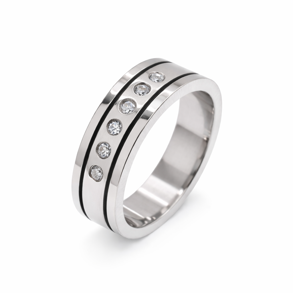 Rhodium Plated Stainless Steel Doubled Lined 6 Row CZ Men's Ring- SRB0028