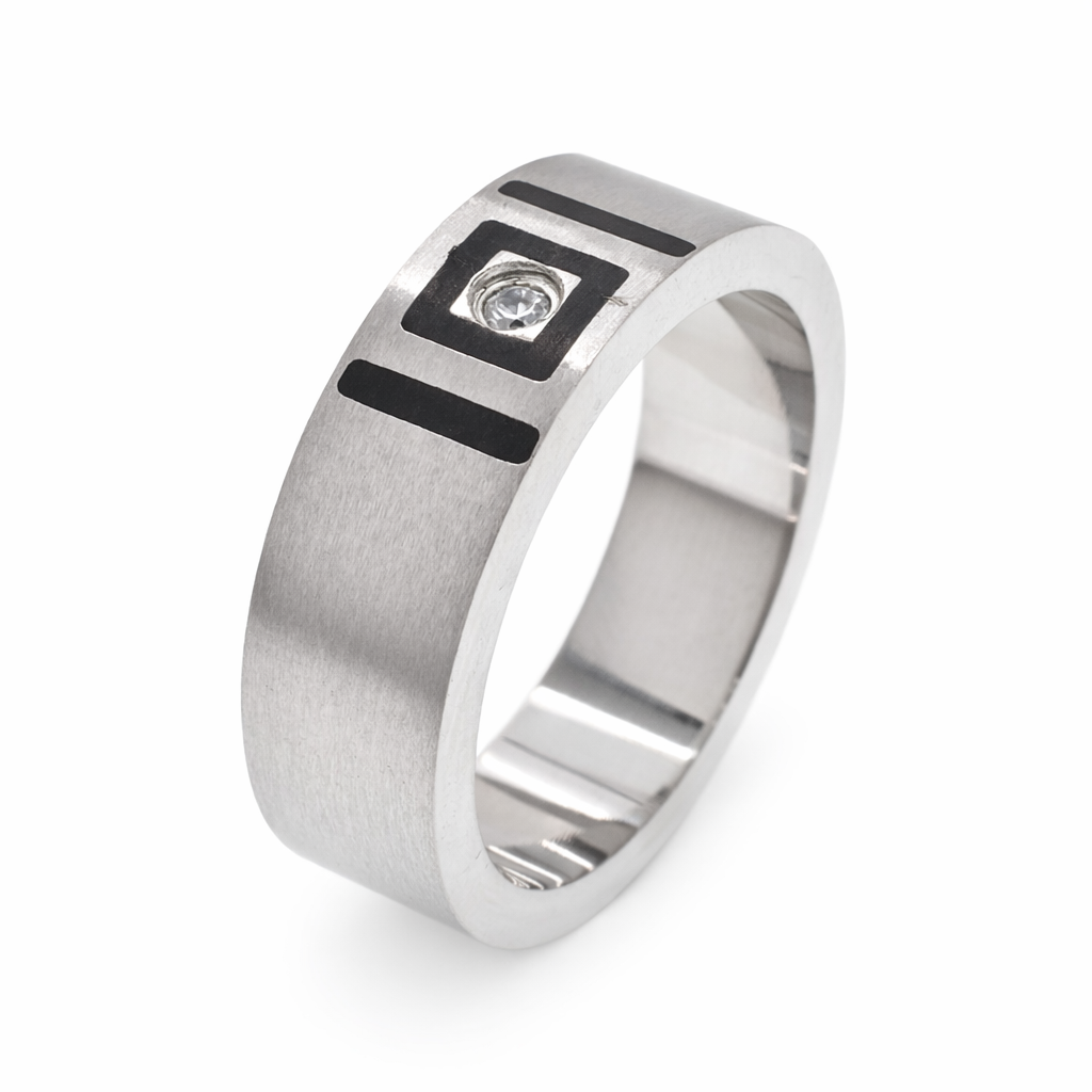 Rhodium Plated Stainless Steel Brushed Black Line Accent with CZ Men's Ring- SRB0030