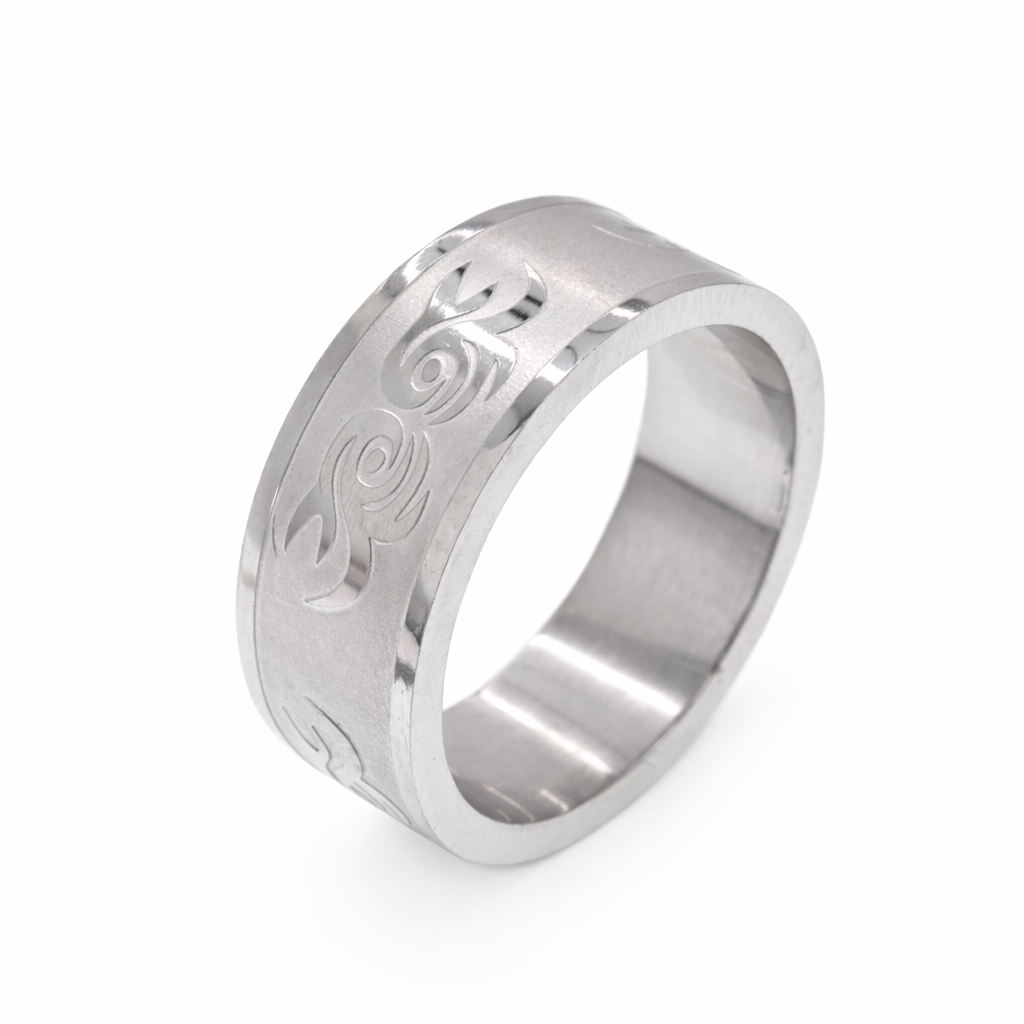 Rhodium Plated Stainless Steel Brushed Tribal Flame Men's Ring- SRB0032