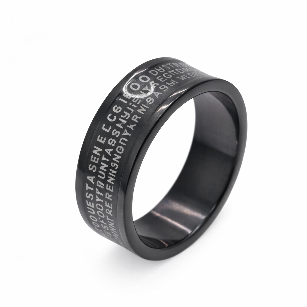 Black Rhodium Plated Stainless Steel Concaved Padre Nuestro Prayer Ring- SRB039
