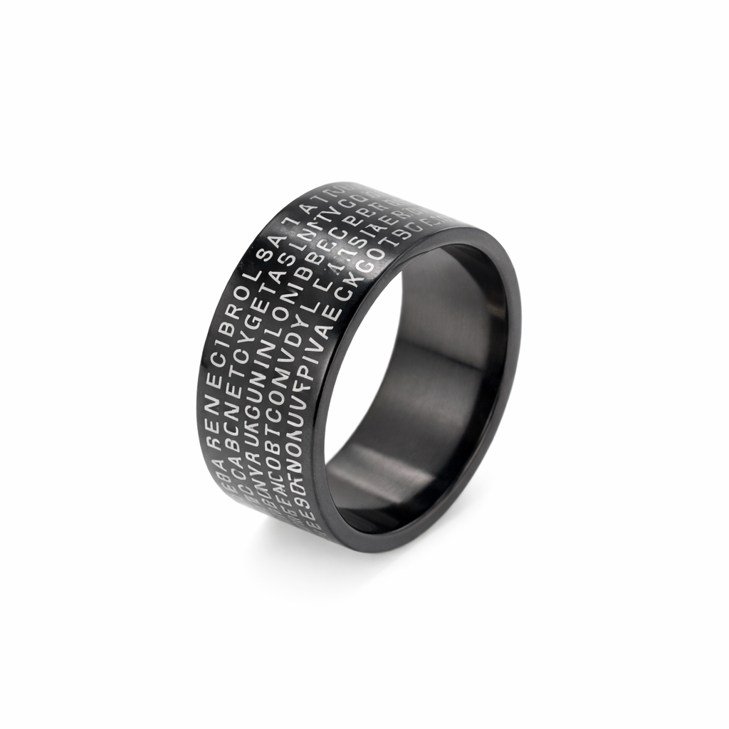 Black Rhodium Plated Stainless Steel Flat Padre Nuestro Prayer Ring- SRB041